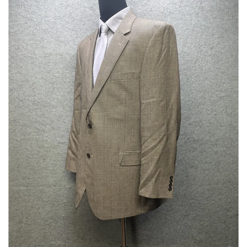 Jos A Bank Signature Silk Camel Hair Blazer Mens 44L Brown Tan Plaid Sport Coat